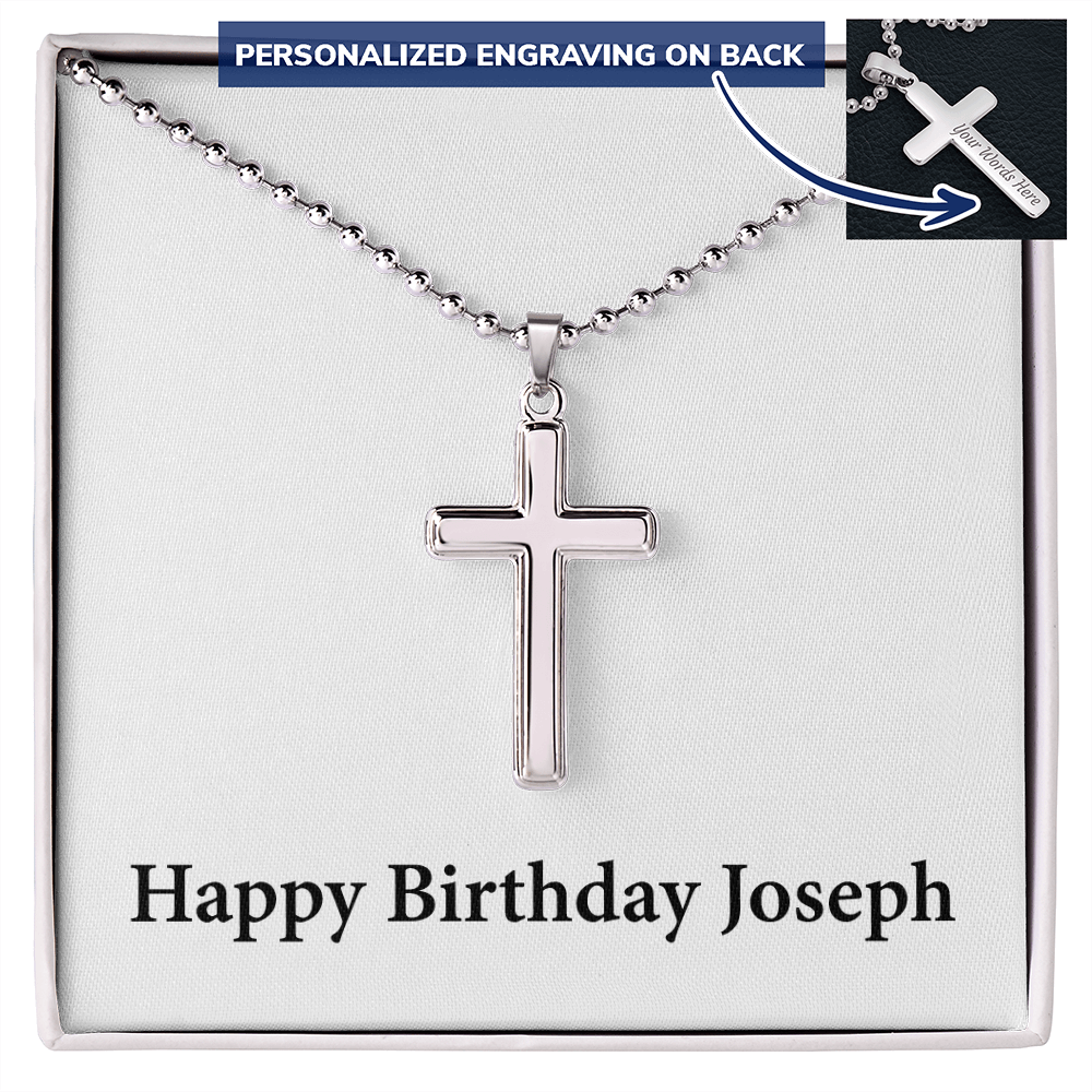 Happy Birthday Joseph - Personalized Stainless Steel Ball Chain Cross Necklace