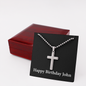 Happy Birthday John v2 - Personalized Stainless Steel Ball Chain Cross Necklace With Mahogany Style Luxury Box