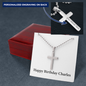 Happy Birthday Charles - Personalized Stainless Steel Ball Chain Cross Necklace With Mahogany Style Luxury Box