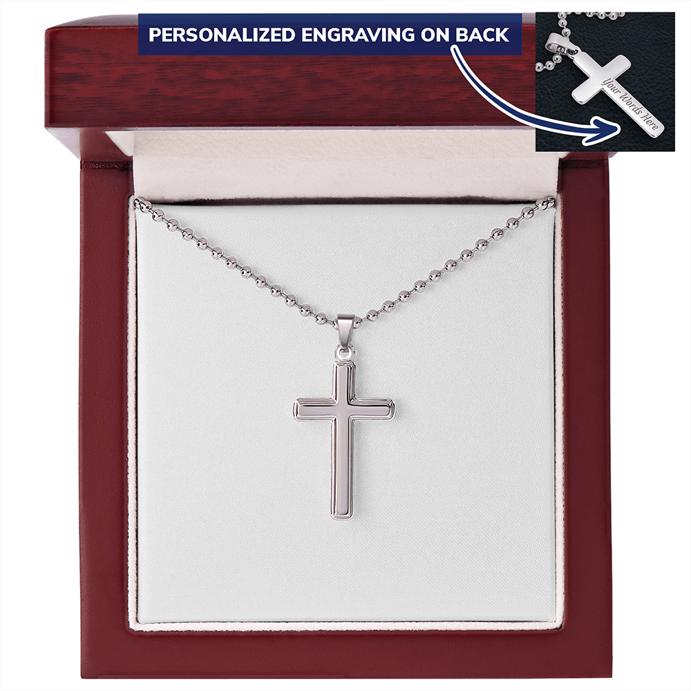 Personalized Stainless Steel Ball Chain Cross Necklace With Mahogany Style Luxury Box