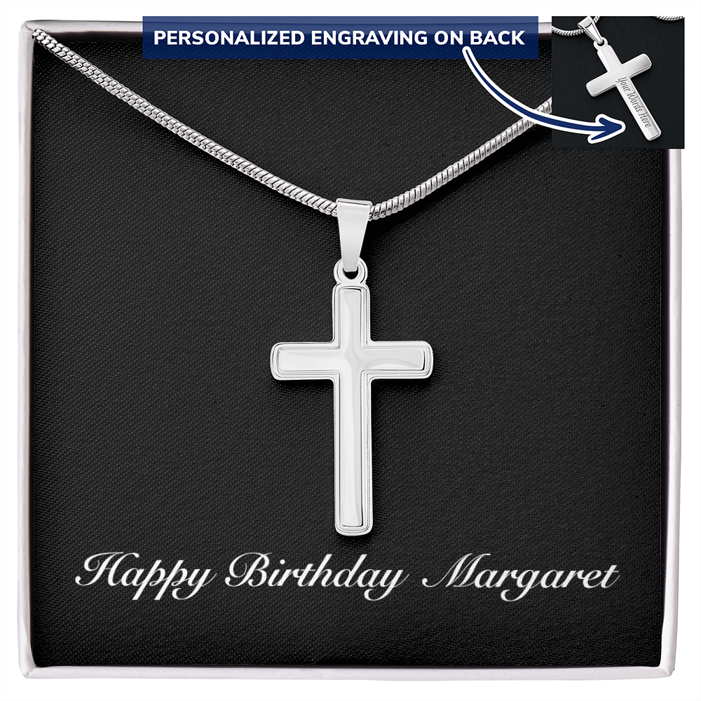 Happy Birthday Margaret v2 - Personalized Stainless Steel Cross Necklace