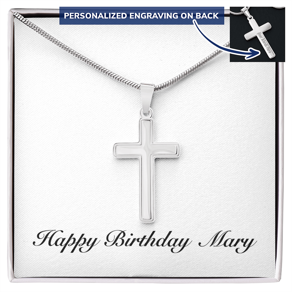 Happy Birthday Mary - Personalized Stainless Steel Cross Necklace