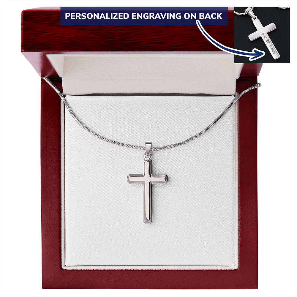 Personalized Stainless Steel Cross Necklace With Mahogany Style Luxury Box