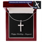 Happy Birthday Margaret v2 - Personalized Stainless Steel Cross Necklace With Mahogany Style Luxury Box