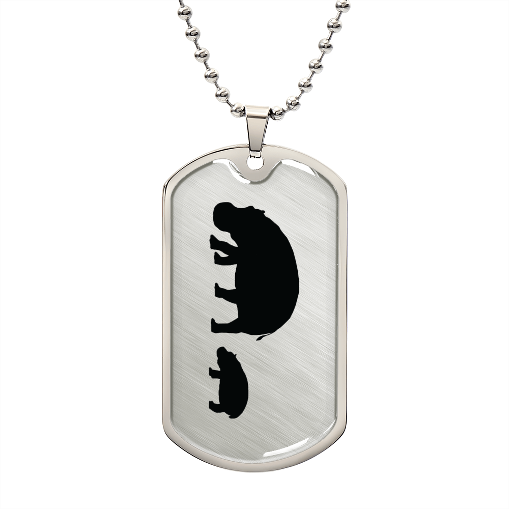 Mama Hippo With 1 Calf - Luxury Dog Tag Necklace