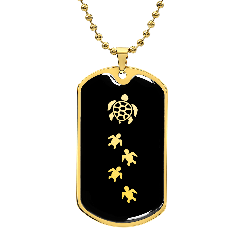 Mama Turtle With 4 Hatchlings v2 - 18k Gold Finished Luxury Dog Tag Necklace
