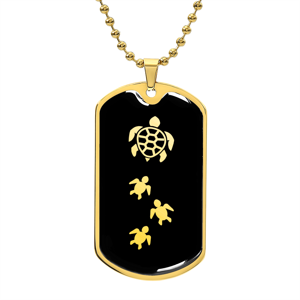 Mama Turtle With 3 Hatchlings v2 - 18k Gold Finished Luxury Dog Tag Necklace