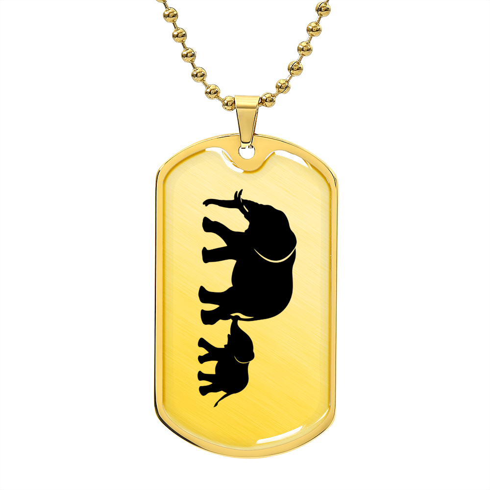 Mama Elephant With 1 Calf - 18k Gold Finished Luxury Dog Tag Necklace