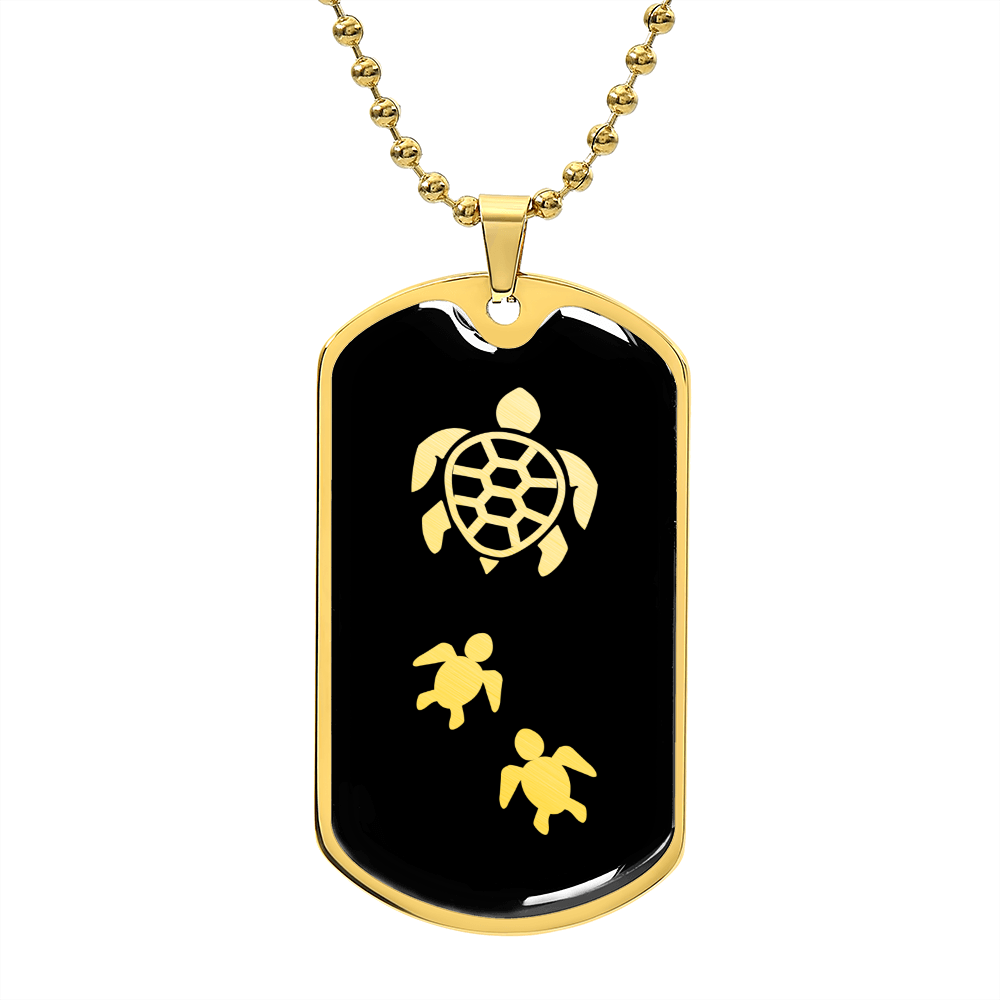 Mama Turtle With 2 Hatchlings v2 - 18k Gold Finished Luxury Dog Tag Necklace
