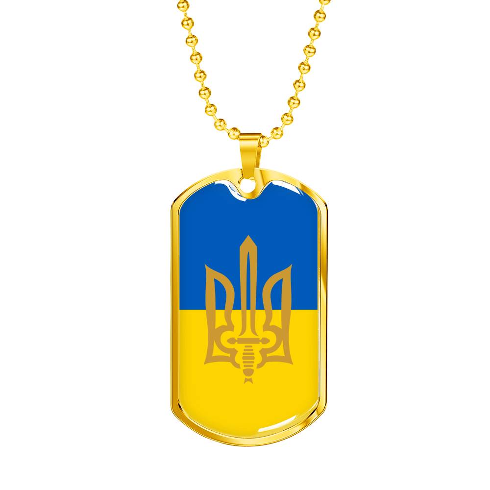 Stylized Tryzub And Ukrainian Flag - 18k Gold Finished Luxury Dog Tag Necklace