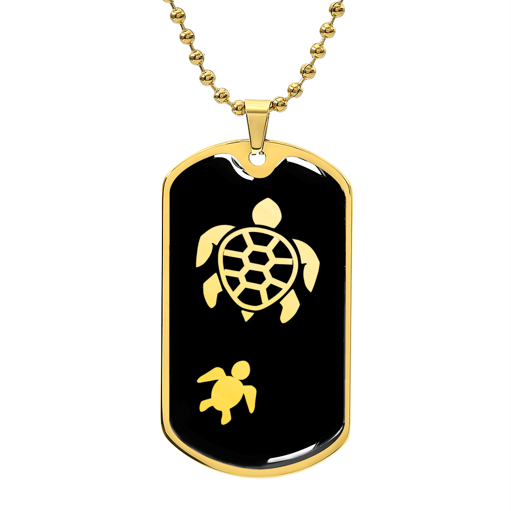 Mama Turtle With 1 Hatchling v2 - 18k Gold Finished Luxury Dog Tag Necklace