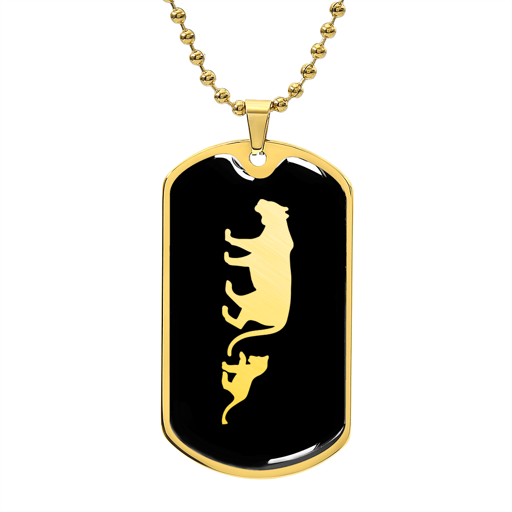 Mama Lioness With 1 Cub v2 - 18k Gold Finished Luxury Dog Tag Necklace