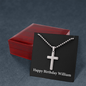 Happy Birthday William v2 - Stainless Steel Ball Chain Cross Necklace With Mahogany Style Luxury Box