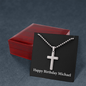 Happy Birthday Michael v2 - Stainless Steel Ball Chain Cross Necklace With Mahogany Style Luxury Box