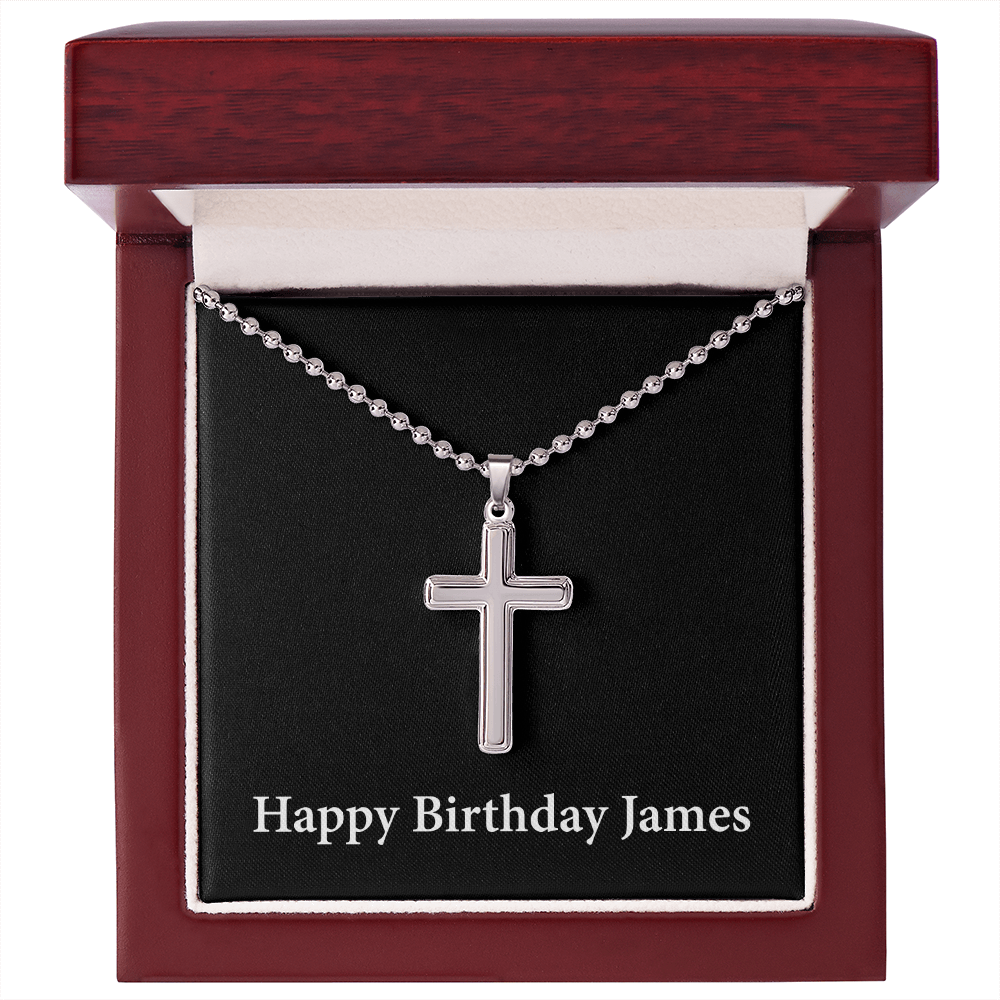 Happy Birthday James v2 - Stainless Steel Ball Chain Cross Necklace With Mahogany Style Luxury Box