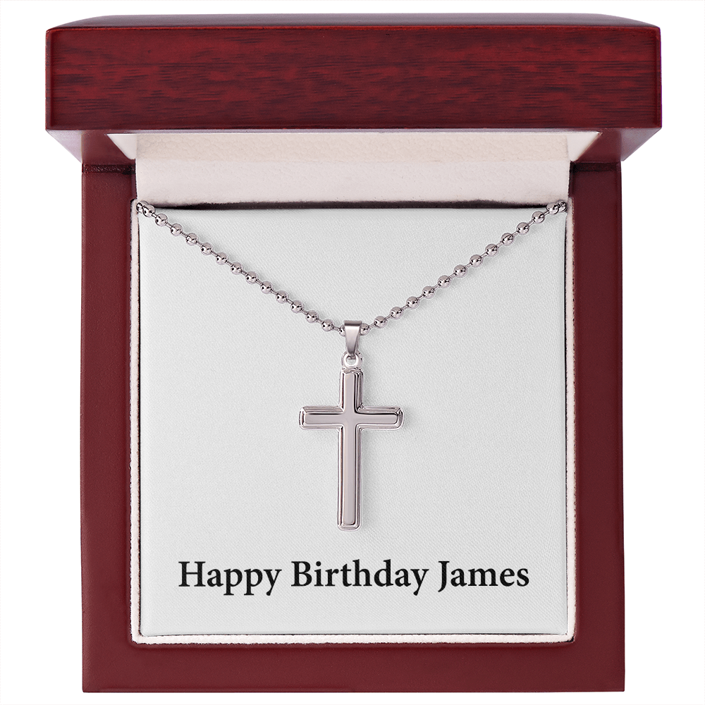 Happy Birthday James - Stainless Steel Ball Chain Cross Necklace With Mahogany Style Luxury Box