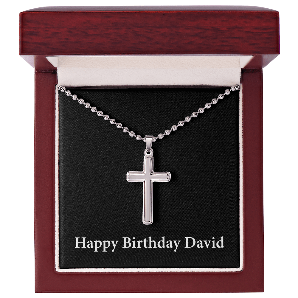 Happy Birthday David v2 - Stainless Steel Ball Chain Cross Necklace With Mahogany Style Luxury Box