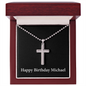 Happy Birthday Michael v2 - Stainless Steel Ball Chain Cross Necklace With Mahogany Style Luxury Box