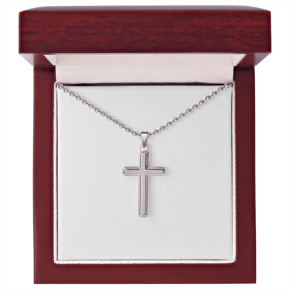 Stainless Steel Ball Chain Cross Necklace With Mahogany Style Luxury Box