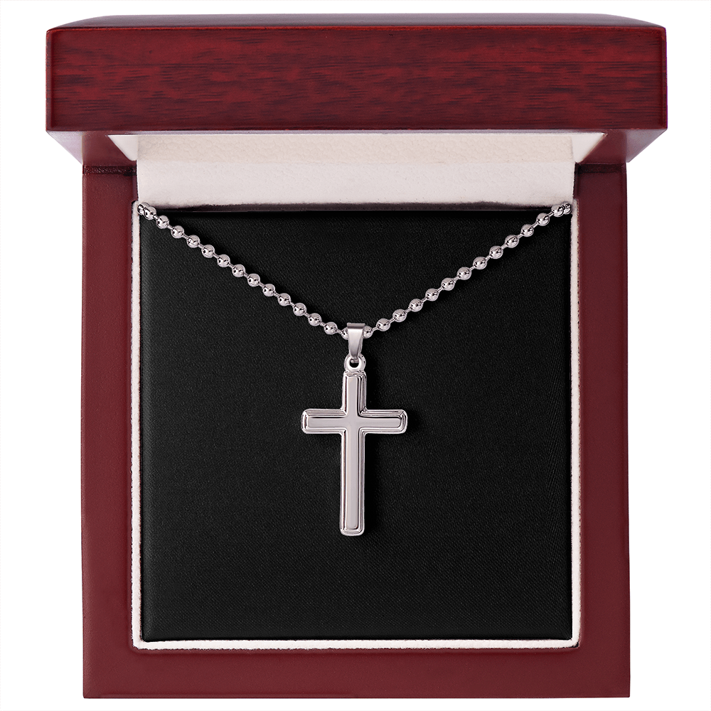Stainless Steel Ball Chain Cross Necklace With Mahogany Style Luxury Box v2