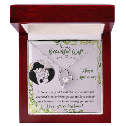 019 To My Beautiful Wife, Happy Anniversary - Forever Love Necklace With Mahogany Style Luxury Box