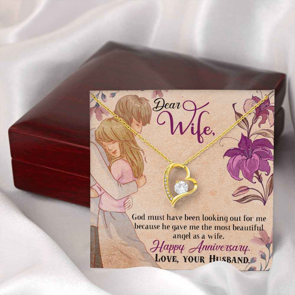 018 Dear Wife, Happy Anniversary - 18k Yellow Gold Finish Forever Love Necklace With Mahogany Style Luxury Box