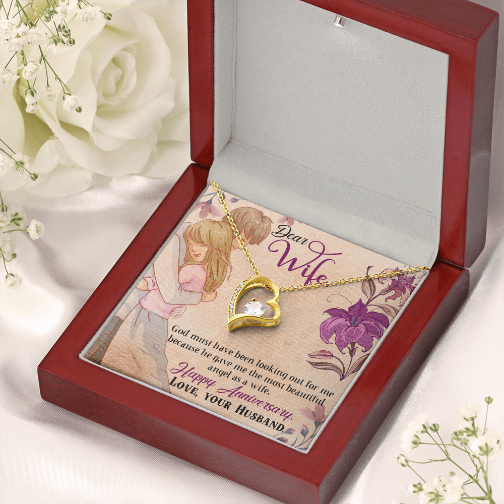 018 Dear Wife, Happy Anniversary - 18k Yellow Gold Finish Forever Love Necklace With Mahogany Style Luxury Box