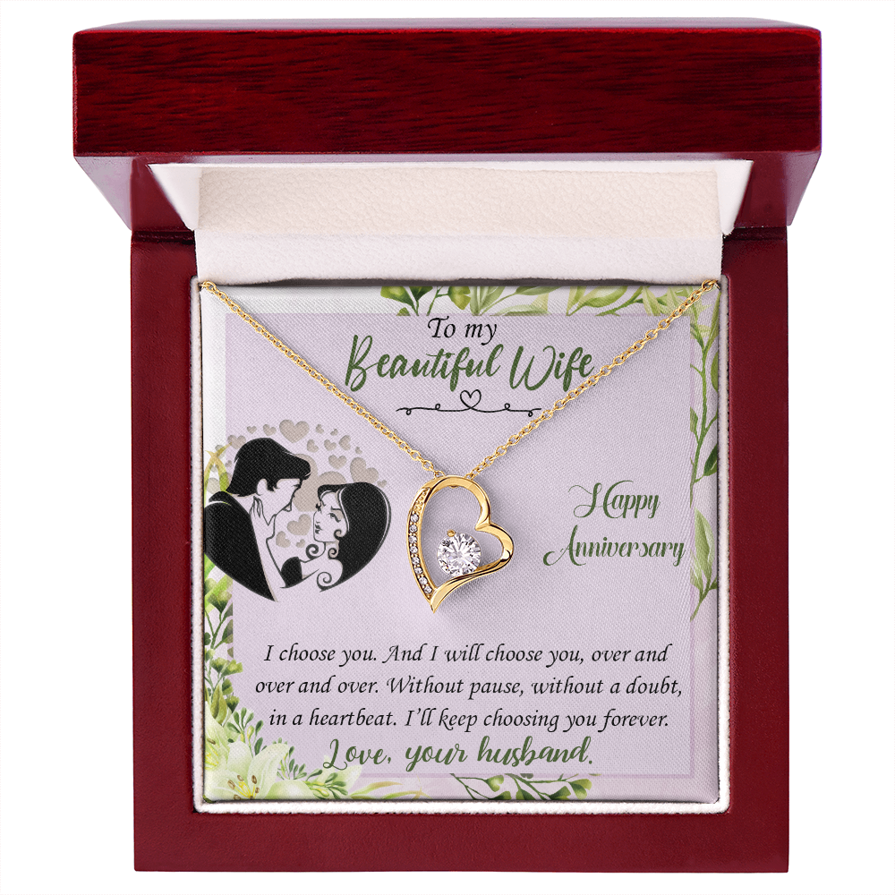 019 To My Beautiful Wife, Happy Anniversary - 18k Yellow Gold Finish Forever Love Necklace With Mahogany Style Luxury Box