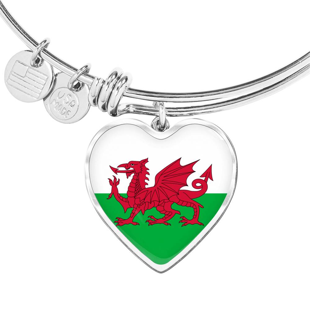 Welsh Flag - Heart Pendant Bangle Bracelet