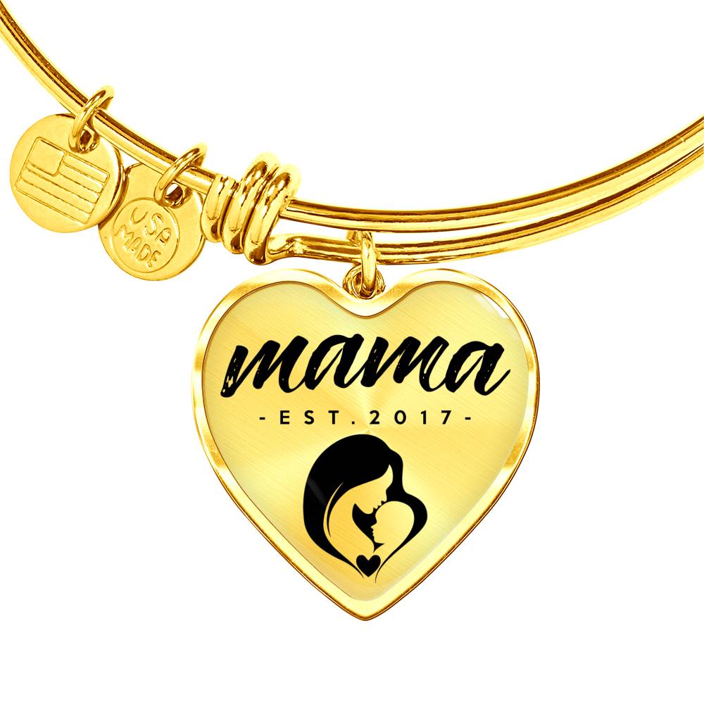 Mama, Est. 2017 - 18k Gold Finished Heart Pendant Bangle Bracelet