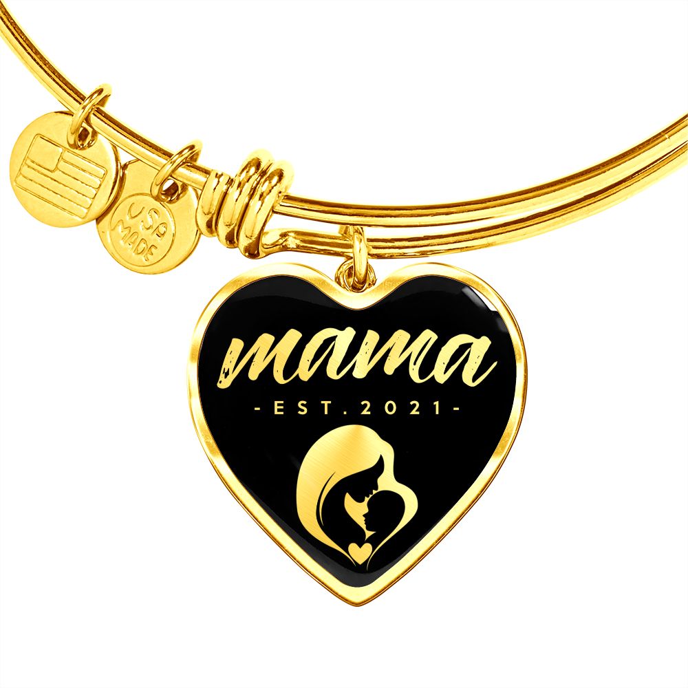 Mama, Est. 2021 v2 - 18k Gold Finished Heart Pendant Bangle Bracelet