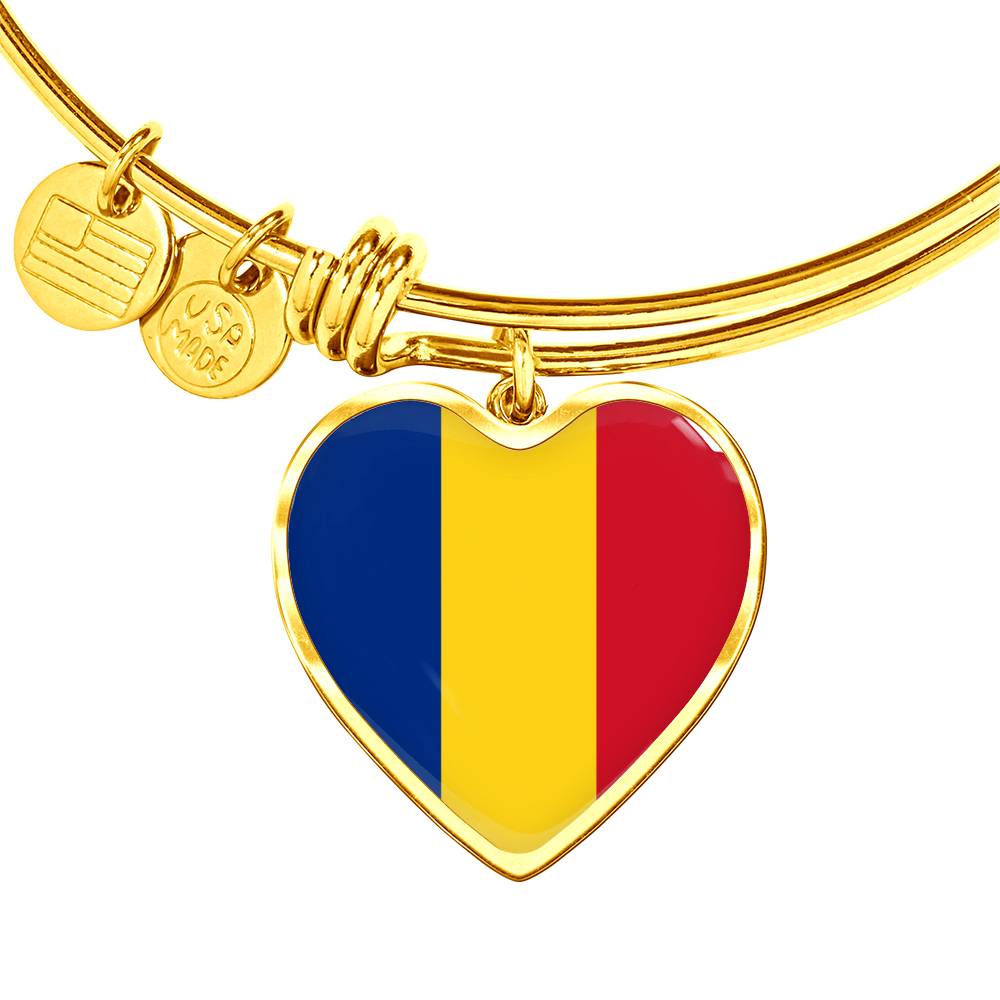 Romanian Flag - 18k Gold Finished Heart Pendant Bangle Bracelet