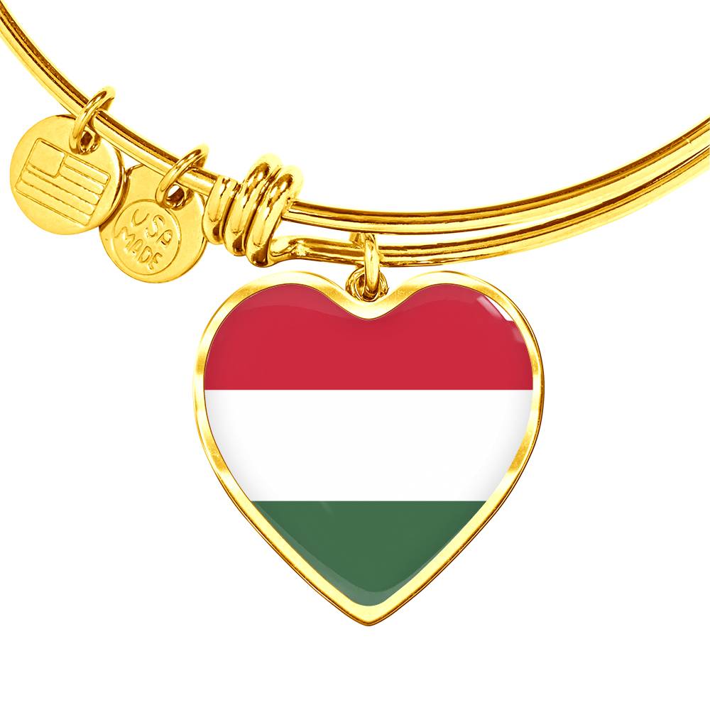 Hungarian Flag - 18k Gold Finished Heart Pendant Bangle Bracelet