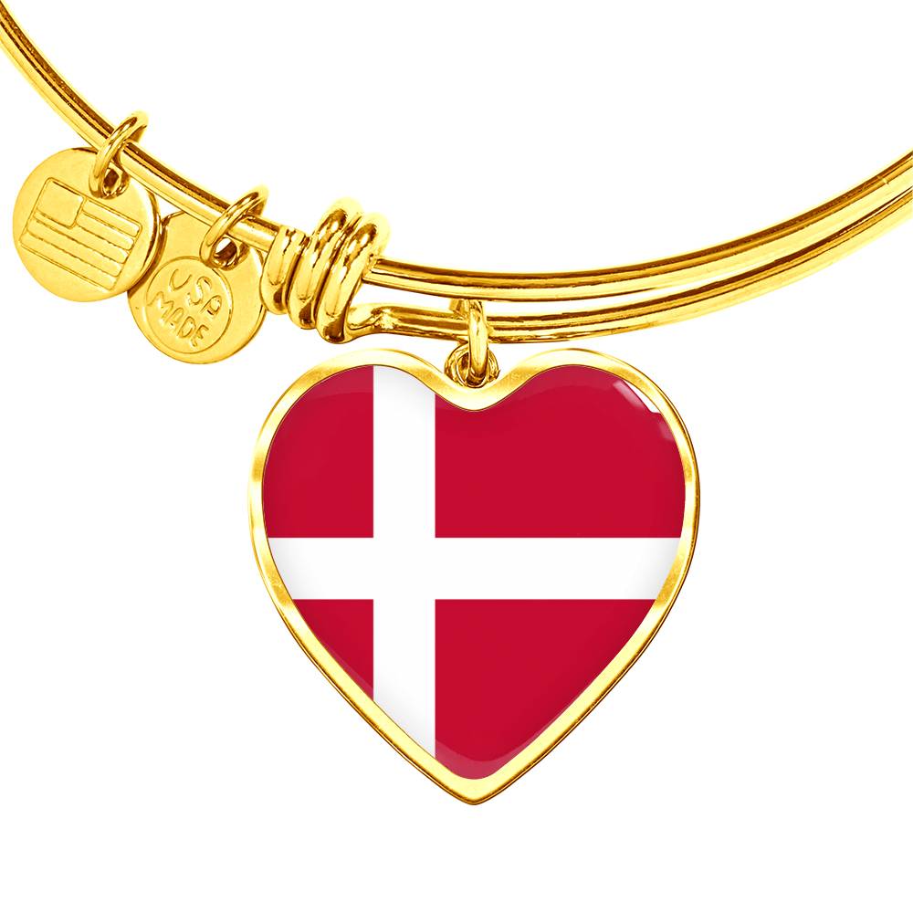 Danish Flag - 18k Gold Finished Heart Pendant Bangle Bracelet