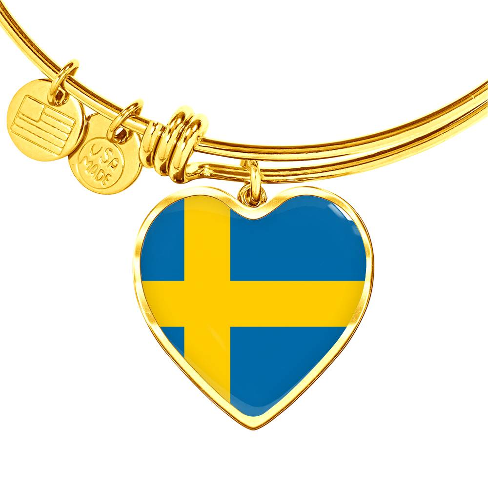 Swedish Flag - 18k Gold Finished Heart Pendant Bangle Bracelet