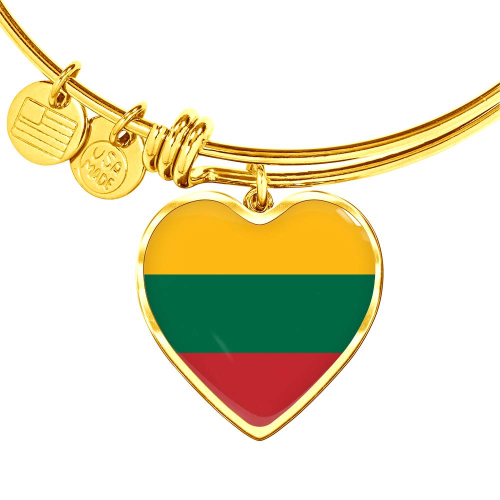 Lithuanian Flag - 18k Gold Finished Heart Pendant Bangle Bracelet