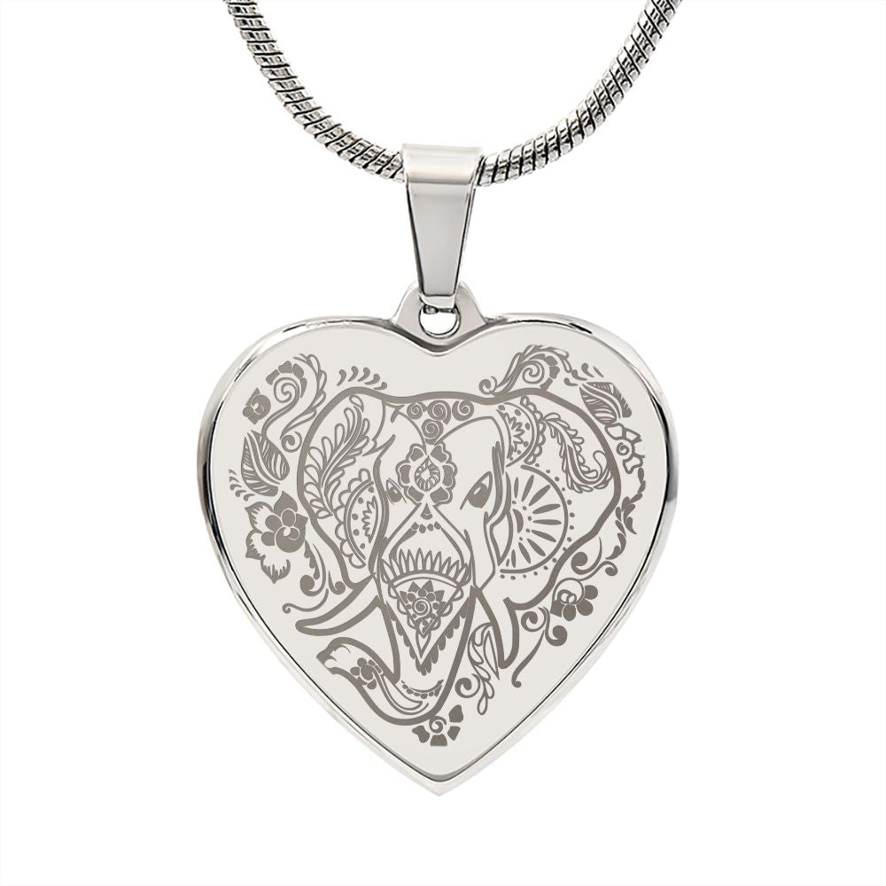 Elephant Head - Engraved Heart Pendant Necklace