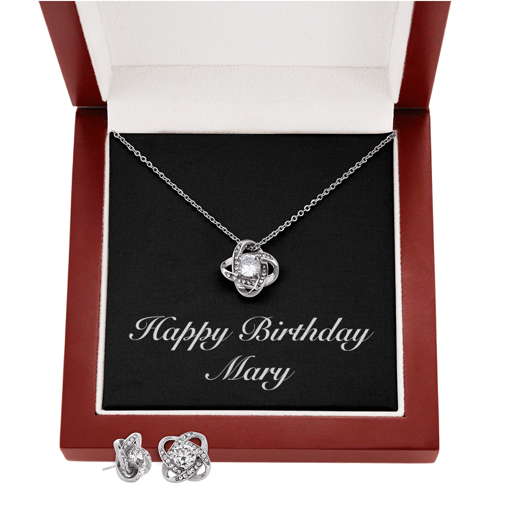 Happy Birthday Mary v2 - Love Knot Necklace And Earrings Set With Mahogany Style Luxury Box