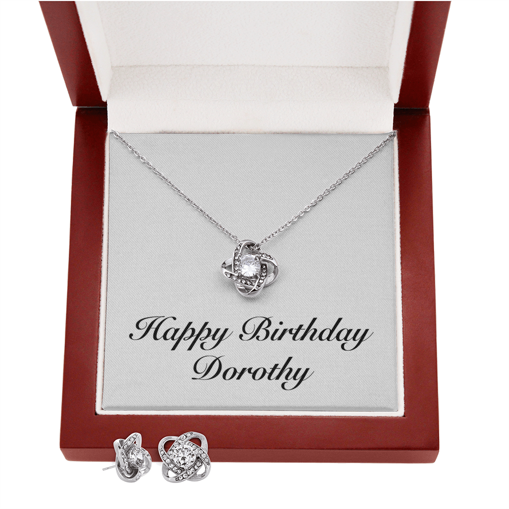 Happy Birthday Dorothy - Love Knot Necklace And Earrings Set With Mahogany Style Luxury Box