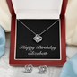 Happy Birthday Elizabeth v2 - Love Knot Necklace And Earrings Set With Mahogany Style Luxury Box