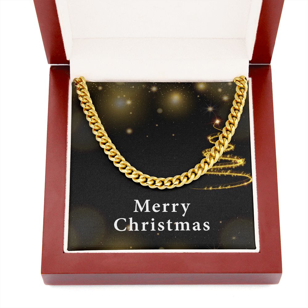 Merry Christmas v03 - 14k Gold Finished Cuban Link Chain With Mahogany Style Luxury Box