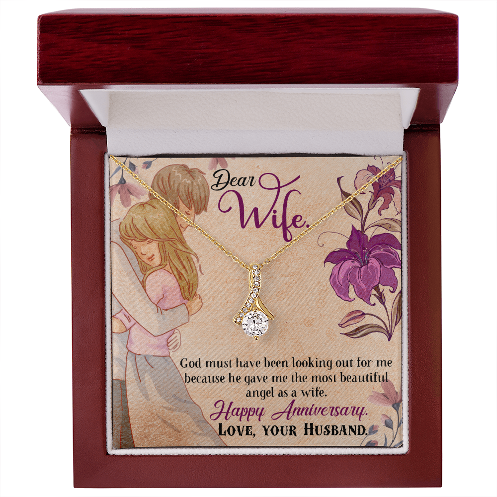 018 Dear Wife, Happy Anniversary - 18K Yellow Gold Finish Alluring Beauty Necklace With Mahogany Style Luxury Box