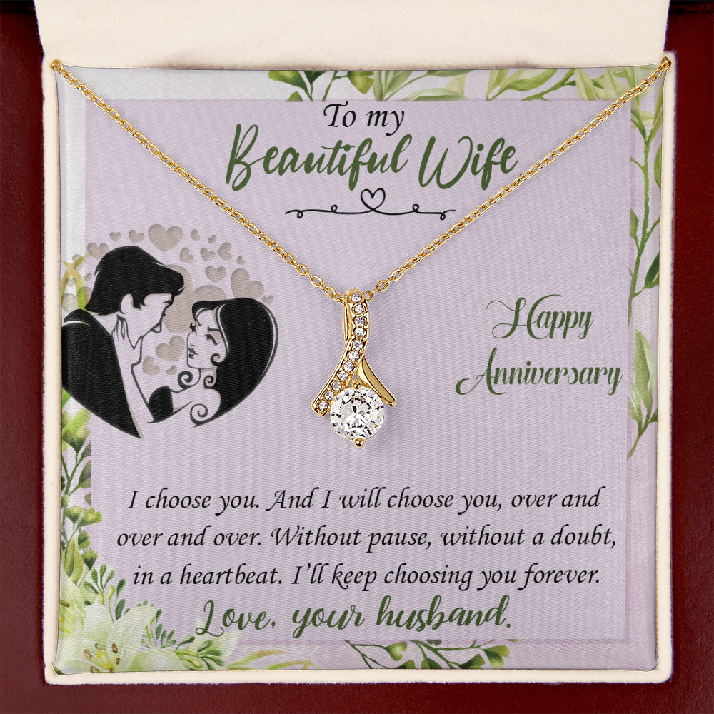 019 To My Beautiful Wife, Happy Anniversary - 18K Yellow Gold Finish Alluring Beauty Necklace With Mahogany Style Luxury Box