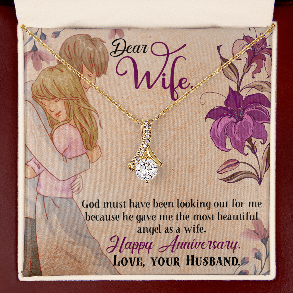 018 Dear Wife, Happy Anniversary - 18K Yellow Gold Finish Alluring Beauty Necklace With Mahogany Style Luxury Box