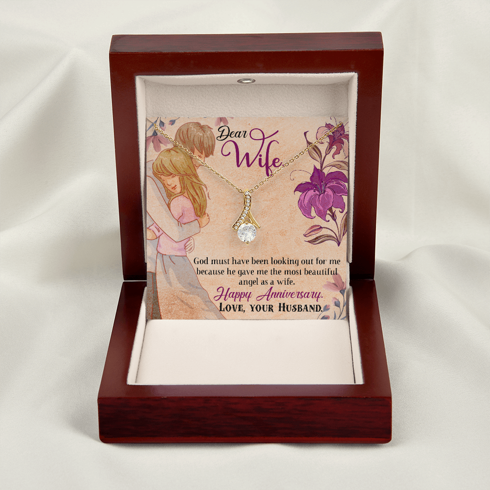018 Dear Wife, Happy Anniversary - 18K Yellow Gold Finish Alluring Beauty Necklace With Mahogany Style Luxury Box