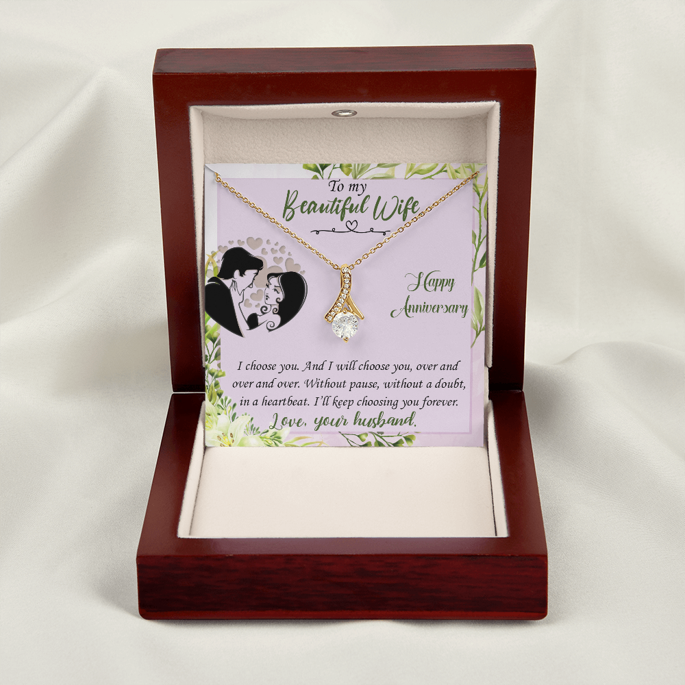 019 To My Beautiful Wife, Happy Anniversary - 18K Yellow Gold Finish Alluring Beauty Necklace With Mahogany Style Luxury Box