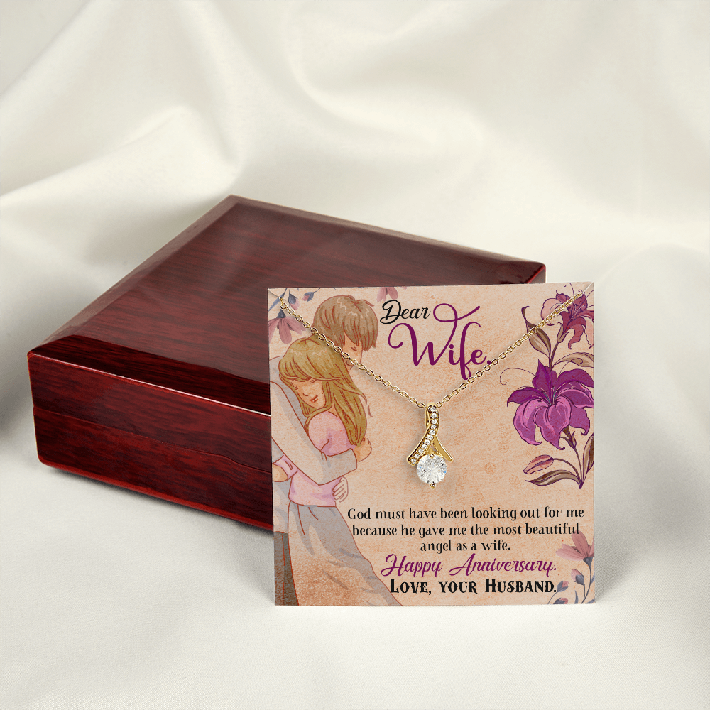 018 Dear Wife, Happy Anniversary - 18K Yellow Gold Finish Alluring Beauty Necklace With Mahogany Style Luxury Box