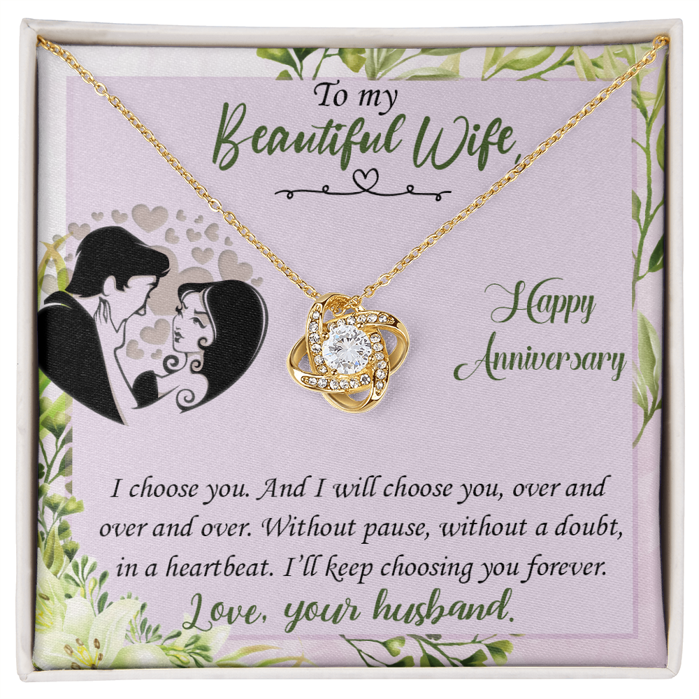 019 To My Beautiful Wife, Happy Anniversary - 18K Yellow Gold Finish Love Knot Necklace