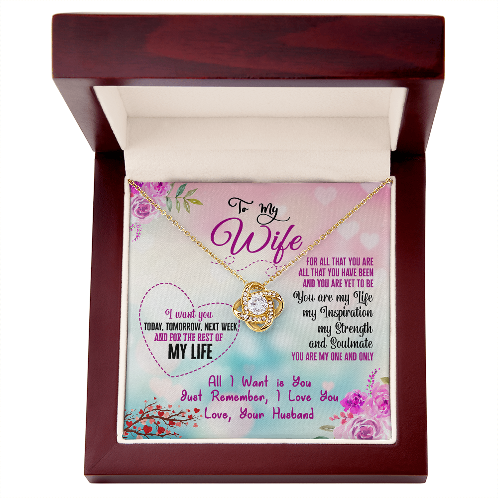015 To My Wife - 18K Yellow Gold Finish Love Knot Necklace With Mahogany Style Luxury Box