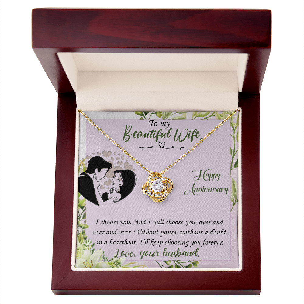 019 To My Beautiful Wife, Happy Anniversary - 18K Yellow Gold Finish Love Knot Necklace With Mahogany Style Luxury Box